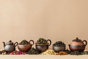 Exotic Tea Blends - Various types of loose leaf teas displayed with cultural accessories, against a tea culture beige background 