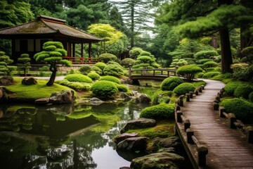 Serene japanese garden with wooden bridge and pond
