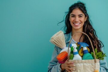 female smiling holding a basket full of cleaning supplies on blue background, banner with copy space