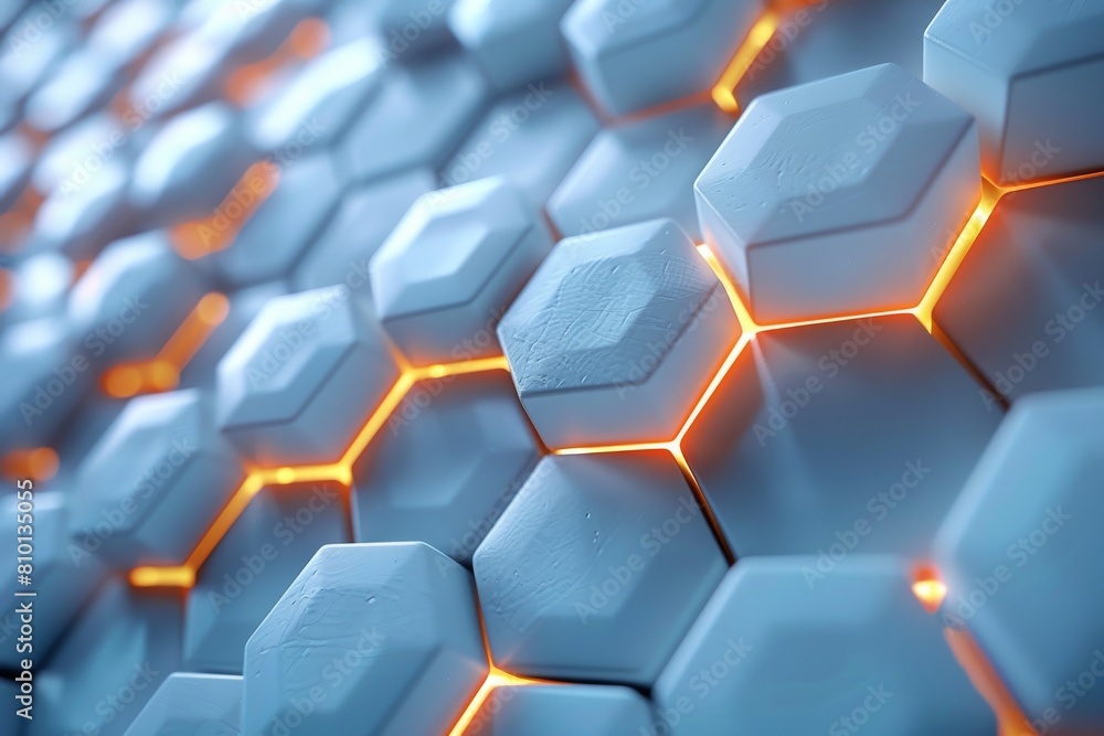 Poster close-up of a uniform hexagonal pattern with orange glowing edges on a matte surface, implying a tec