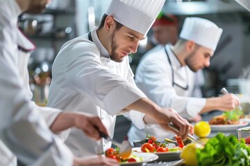 chefs cooking in the kitchen, cutting vegetables