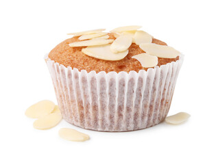 Muffin with fresh almond flakes isolated on white