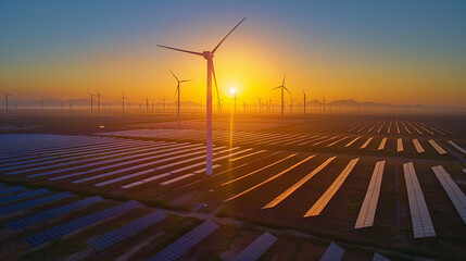 A field of wind turbines with the sun setting in the background
