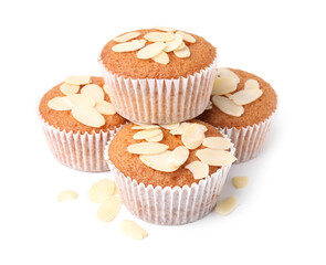 Muffins with fresh almond flakes isolated on white