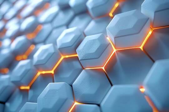 Close-up of a uniform hexagonal pattern with orange glowing edges on a matte surface, implying a technological or scientific concept