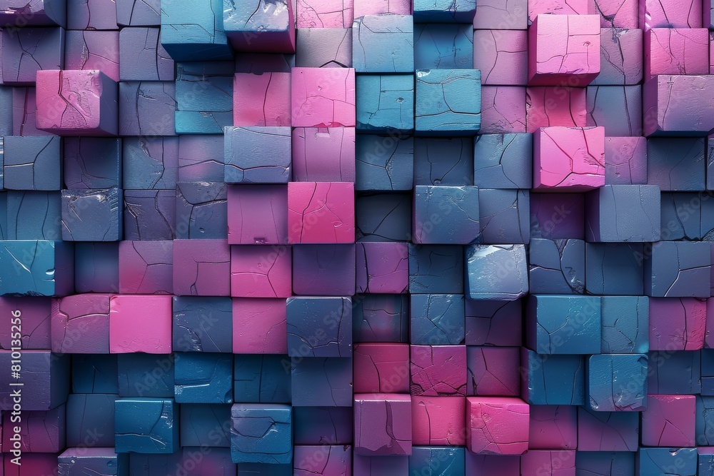 Poster vivid pink and blue painted cubes arranged in an irregular pattern, showcasing textural detail and c