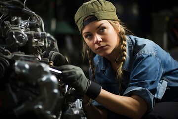 Female mechanic working on motorcycle engine