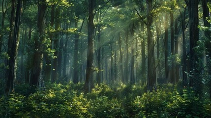 Obraz premium Forest Background: A dense forest provides a rich, textured background with towering trees, lush underbrush, and dappled sunlight filtering through the canopy 