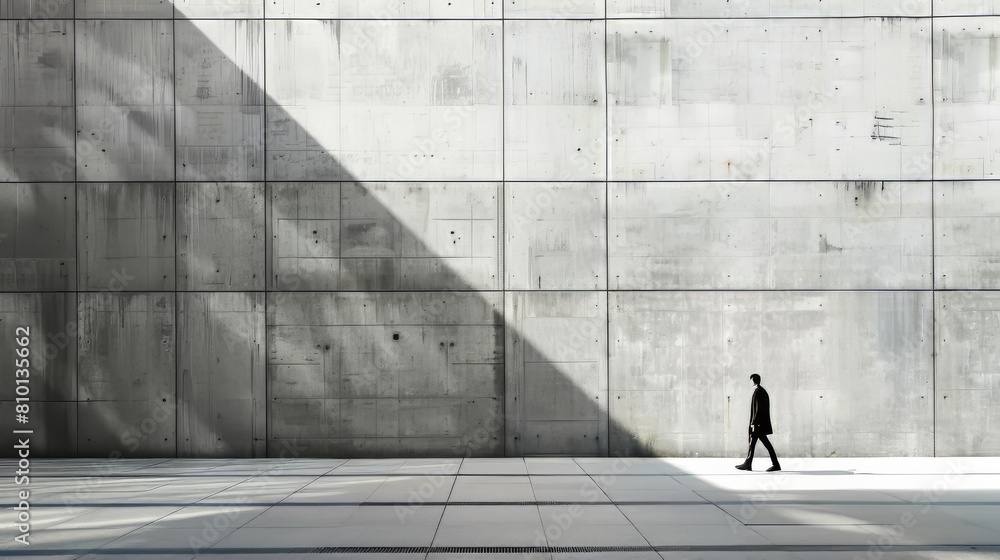 Canvas Prints a man walks down a sidewalk in front of a large concrete wall. the wall is covered in cracks and has