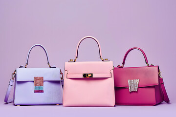 Designer Handbag Collection - High-end handbags displayed in a row, against a luxury fashion lilac background