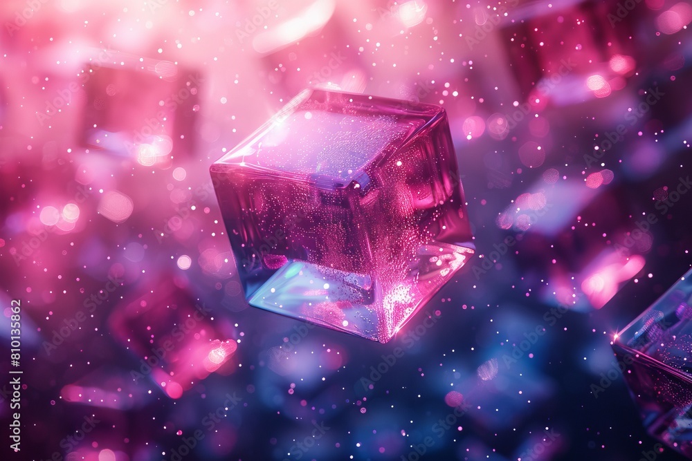 Poster a solitary shiny pink cube with a reflective surface, floating in ethereal space filled with tiny gl