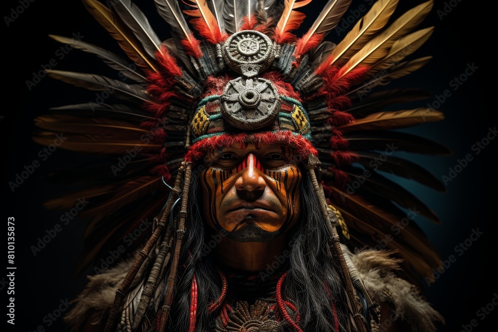 Wall mural powerful indigenous warrior in traditional ceremonial headdress