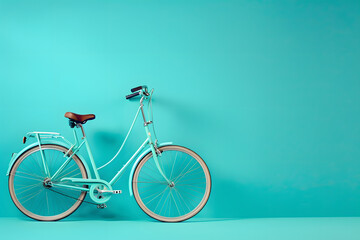 Urban Cycling - A stylish urban bicycle leaning against a vibrant turquoise background, showcasing eco-friendly transportation