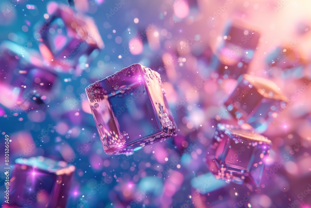 Poster surreal image featuring sparkling cubes floating amidst a dreamy backdrop of soft bokeh lights, invo