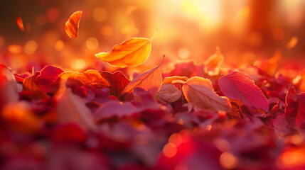 A pile of red leaves with a bright orange sun in the background