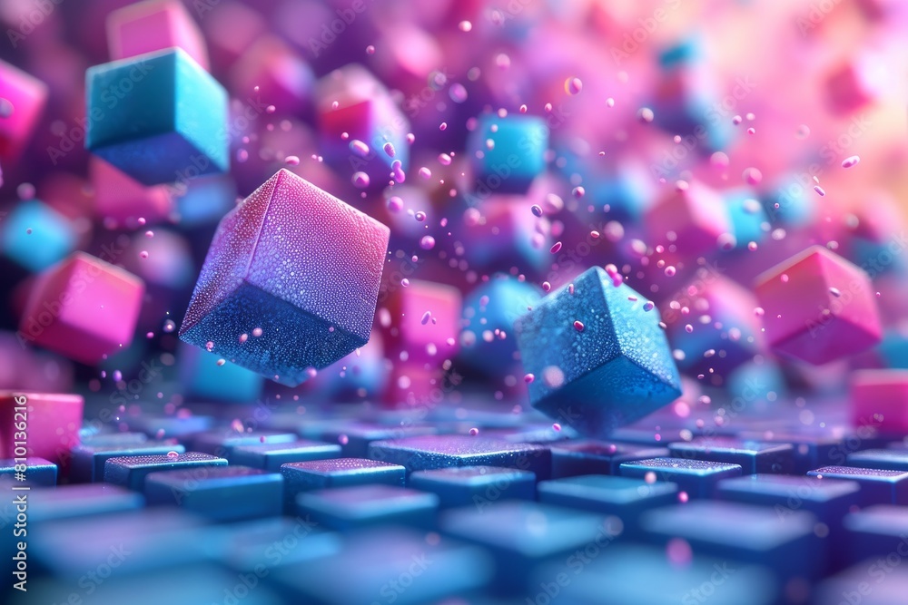 Poster a mesmerizing array of floating cubes in various sizes creating a harmonious and dreamy landscape