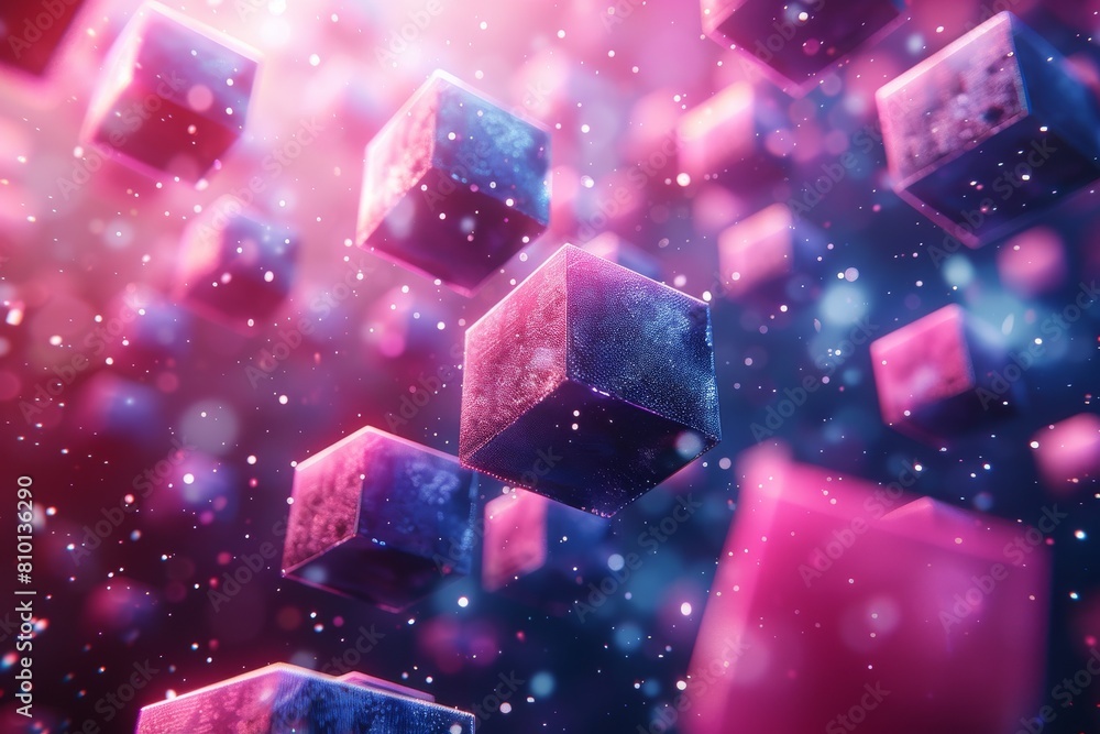 Poster close-up focus on bright, shiny cubes with a bokeh background, creating a sense of depth and a dream