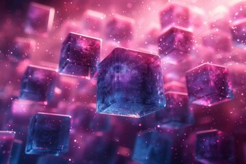 Glowing geometric shapes, representing futuristic or digital concepts, floating in a cosmic, starry environment with a vivid color palette