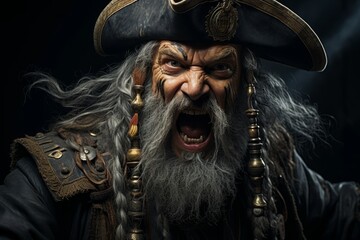Angry pirate with long gray beard and hat