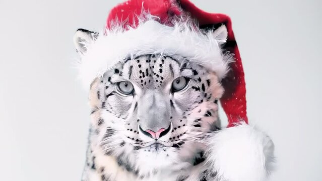 Close-up portrait of snow leopard in Santa hat on gray background. Christmas and New Year celebrating concept. High quality 4k footage