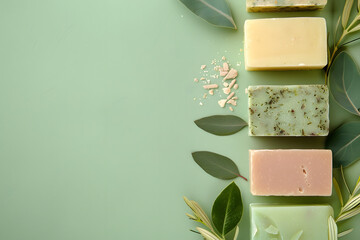 A set of artisanal soaps made from natural ingredients, arrayed beautifully, against a soothing sage background with copy space for eco-friendly beauty products or wellness spas