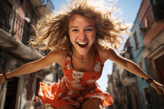 Joyful woman with windblown hair