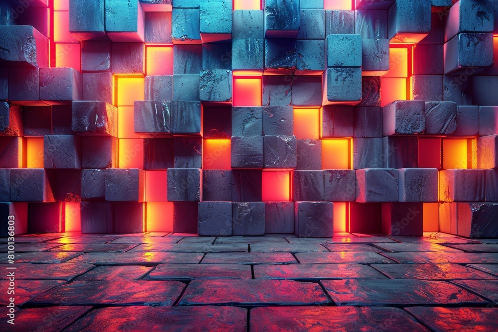 Poster an image portraying an array of cubes illuminated by red and blue lights, creating a stark contrast 