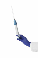 Laboratory analysis. Scientist holding micropipette on white background, closeup