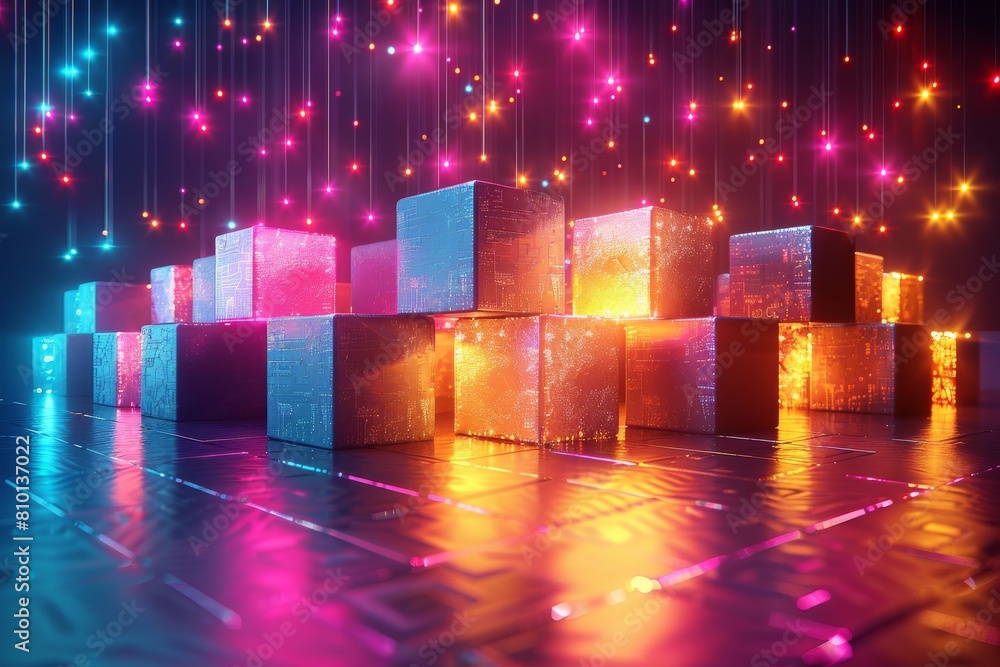Poster captivating image of colorful neon blocks lined in rows, showcasing a pattern of digital data storag