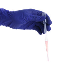 Scientist holding transfer pipette with liquid on white background, closeup