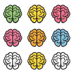 Nine colorful brain icons arranged grid, different twotone color scheme. Brain illustrations stylized simplified, depicting lobes hemispheres. Simplified graphics suitable concepts related