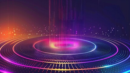 Bright glowing radial or circular equalizer illustration. Visualization of voice, music playback. Audio waveform with flowing dotts. Technological background in Neon rainbow colors