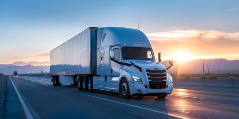 A white commercial semitruck transporting a large shipment on a highway at sunset. Concept Transportation, Sunset, Commercial Truck, Highway, Shipment