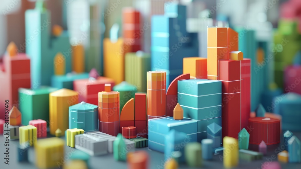Poster a colorful cityscape made of blocks is shown in the image. the buildings are of various shapes and s