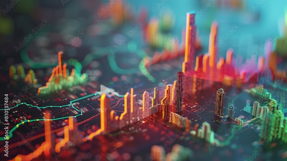 Poster a colorful cityscape is displayed on a computer screen. the buildings are made up of small squares, 