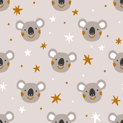 Cute koala with stars. Cartoon nursery print in neutral colours, seamless pattern illustration for kids