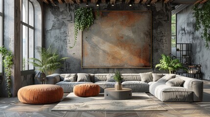 Mockup of a living room wall poster. Mockup of an interior with a house background. 3D rendering of a modern house design.
