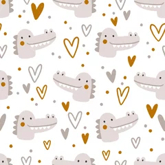 Gardinen Kinderzimmer Muster  Cute crocodiles with hearts. Cartoon nursery print in neutral colours, seamless pattern illustration for kids  © Stolenpencil