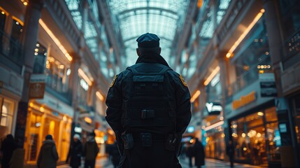 Concept of a security guard standing guard in a shopping mall. Concept of a security guard standing guard in a shopping mall, wearing a black uniform, standing guard, shopping mall, authority figure.