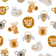 Cute safari animal faces. Cartoon nursery print in neutral colours, seamless pattern illustration for kids. Isolated on white background