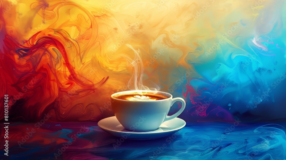 Poster Artistic abstract backdrop with a vibrant color palette complementing a steaming cup of coffee