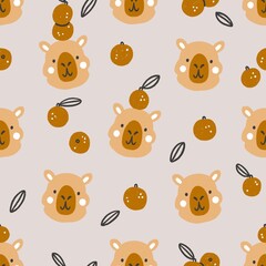 Cute capybara with oranges or tangerines. Cartoon nursery print in neutral colours, seamless pattern illustration for kids