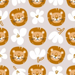 Cute lions with big white flowers. Cartoon nursery print in neutral colours, seamless pattern illustration for kids