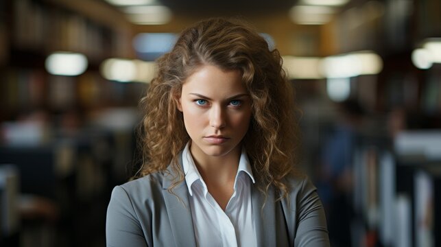 Serious young woman with curly hair in business attire