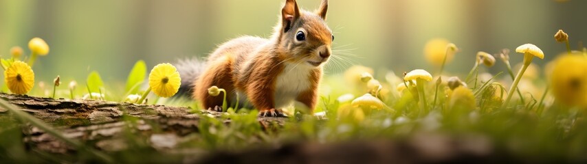 Fototapeta premium Curious squirrel in a field of yellow flowers