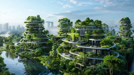 A city with many buildings and a river in the background. The buildings are green and have many windows