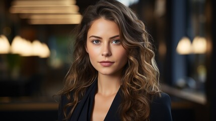 Elegant woman with curly hair and blue eyes