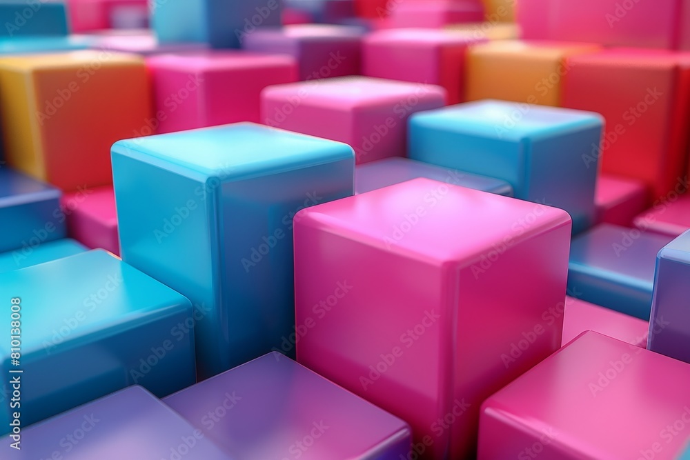 Poster a vibrant and visually appealing 3d render of geometric cubes in various vivid colors the image evok