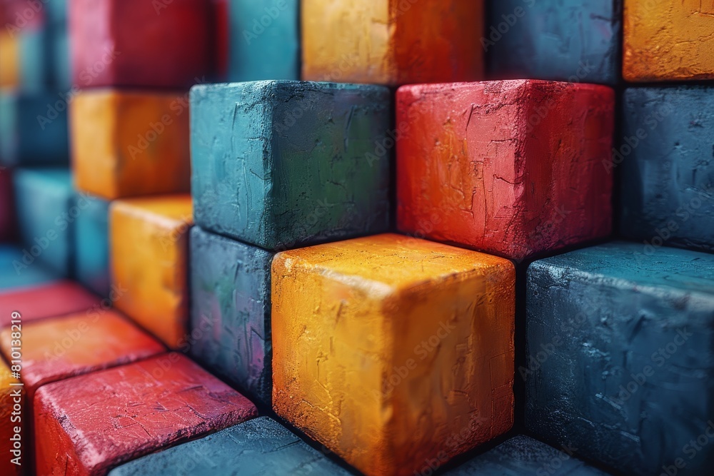 Poster an array of multi-colored cubes with a textured finish that gives an abstract and modern artistic fe