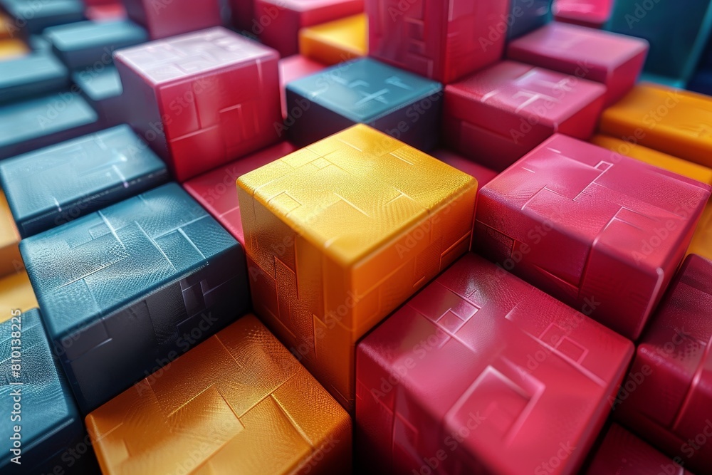 Poster a close-up render of 3d cubes with an emphasis on textured surfaces and a playful interplay of light